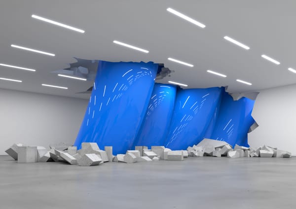 Spatial Painting, un opera di Manuel Rossner che raffigura della forme gommose blu che fratturano il tetto di una stanza.