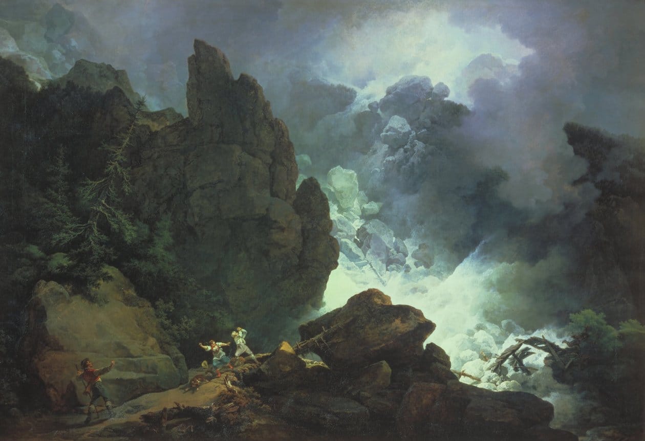 Tre figure umane si ritirano da una valanga in un paesaggio montano. Una valanga sulle Alpi, dipinto diPhilippe Jacques de Loutherbourg.