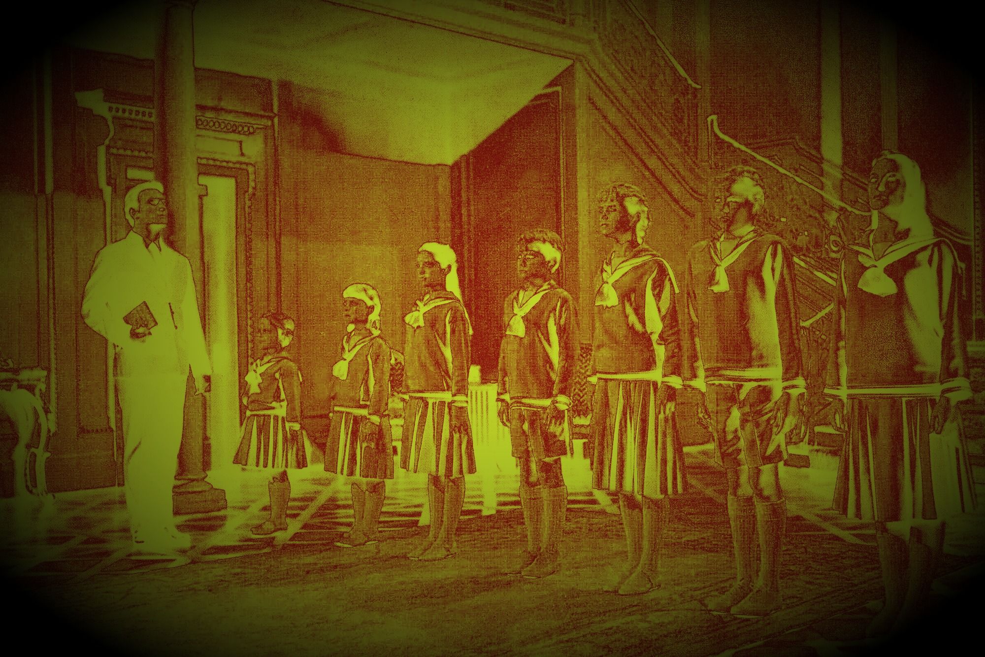 I ragazzi Von Trappa in riga davanti al padre. Fotogramma dal film "The sound of music".