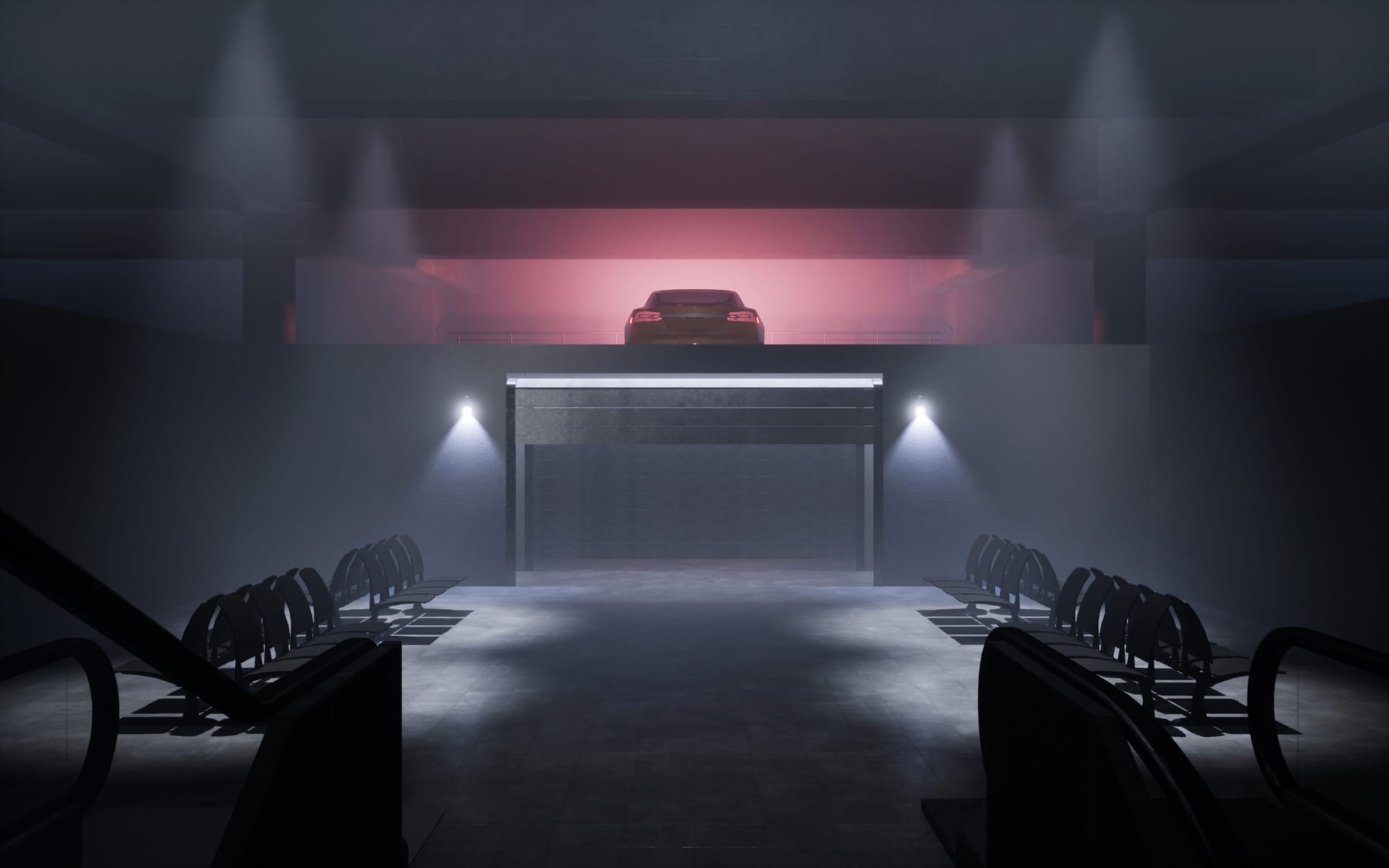 La sala d'attesa di un garage in stile vaprowave. NOX, un'opera di Lawrence Lek.
