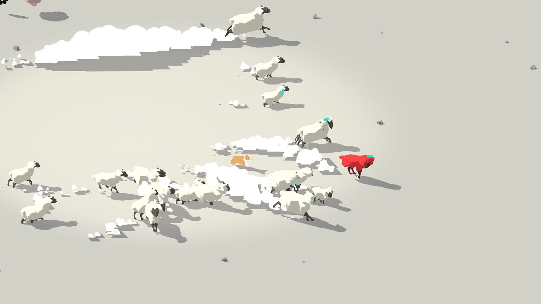 Un cane spaventa un gregge di pecore. Schermata del video game "Bad Corgi" di Ian Cheng.