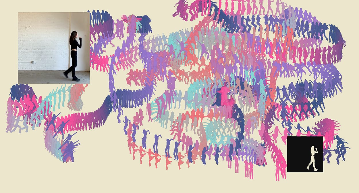 Sagome colorate in movimento e la fotografia di una ragazza vicino a un muro.