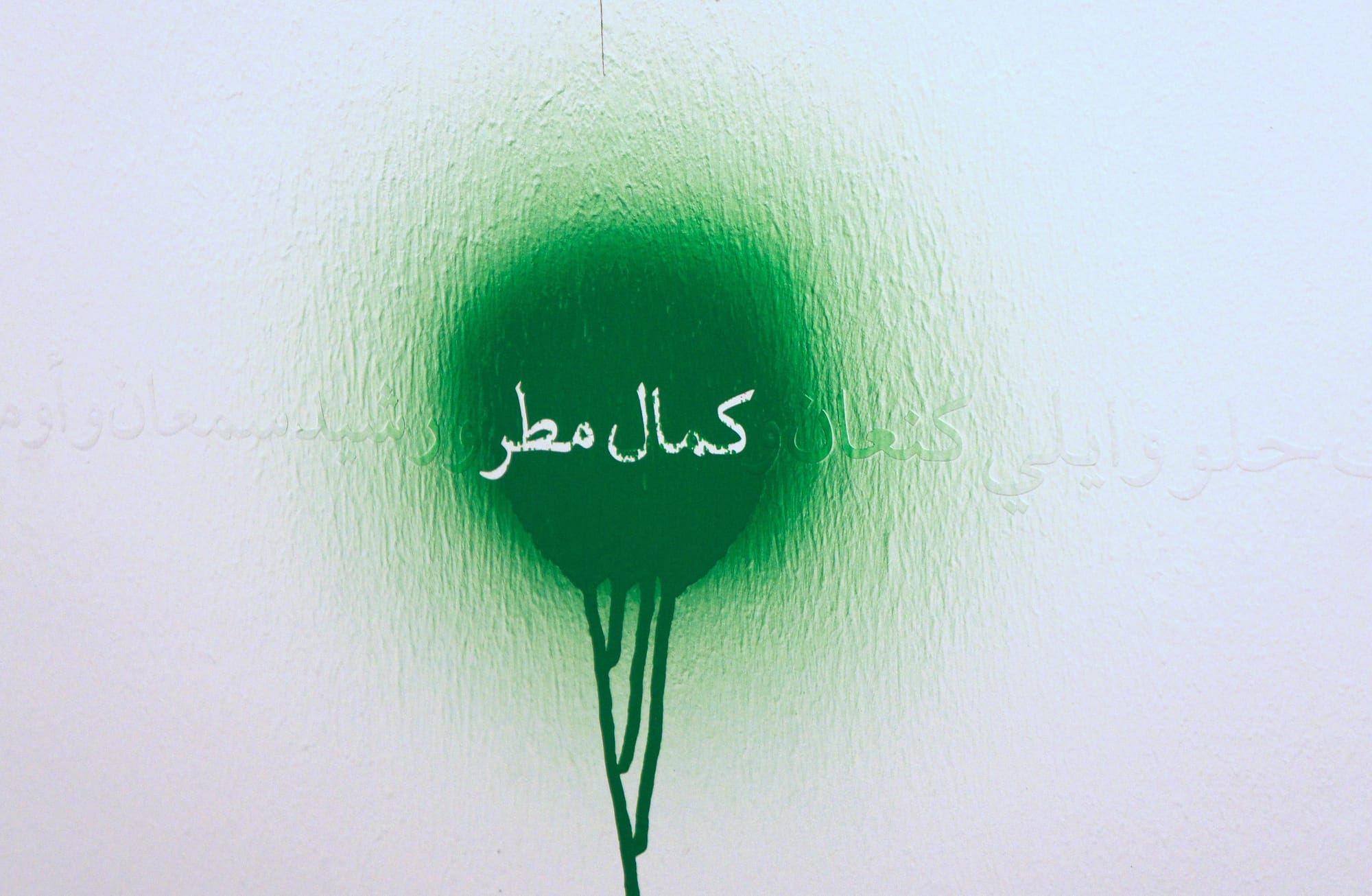 Macchia bianca su un muro verde. All'interno della macchina c'è una scritta in arabo.