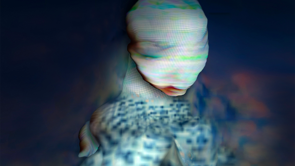 L'opera d'arte Scarecrow di Massimo Grimaldi. Raffigura una figura umanoide in stile glitch.