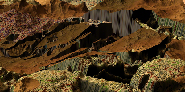 Opera dell'artista Yael Kanarek, che ricorda un paesaggio di montagna modellato digitalmente.