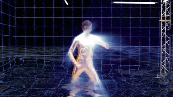Una figura umana raffigurata in stile realtà virtuale. Factory of the sun, opera di Hyto Steyerl.