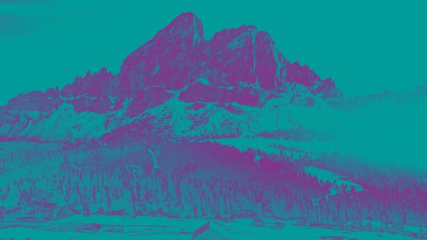Baite, prati, boschi e montagne sullo sfondo. Veduta del Passo delle Erbe.
