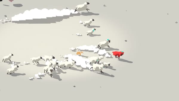 Un cane spaventa un gregge di pecore. Schermata del video game "Bad Corgi" di Ian Cheng.