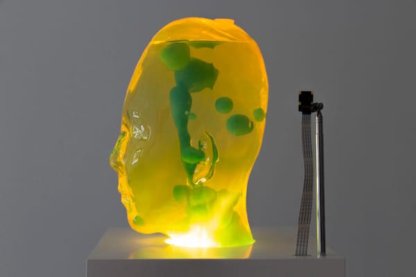 Scultura di vetro che raffigura una testa umana, illuminata dal basso.