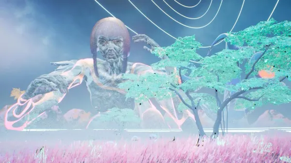 Gigantesca figura femminile che domina una paesaggio digitale.