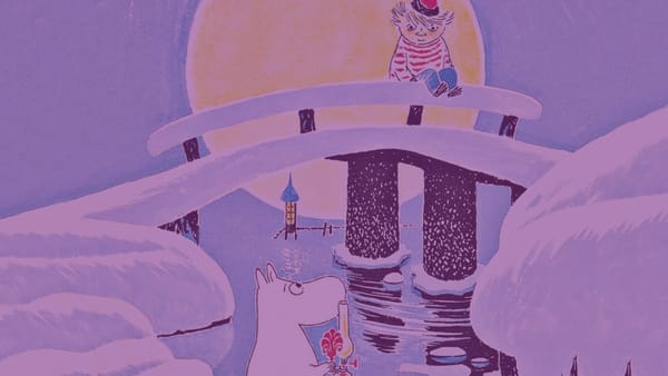 Il troll Mumin guarda Too-Ticki seduto sul ponte innevato (illustrazione)